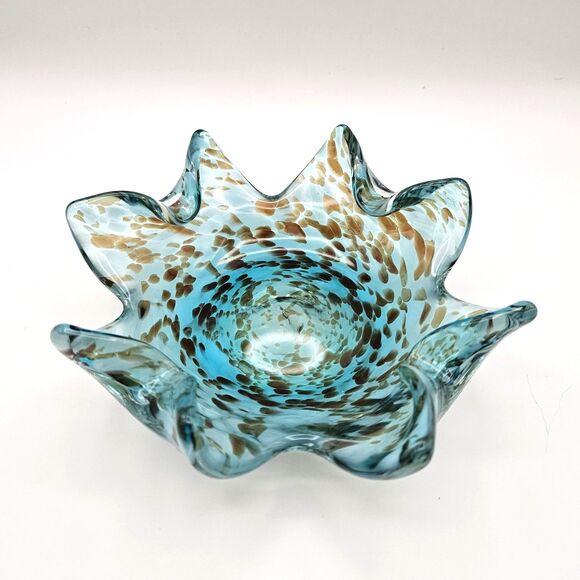 Art Glass Ruffle Bowl Dish Blue Aqua Brown Splatters Murano-like Star Fish - Picture 2 of 12